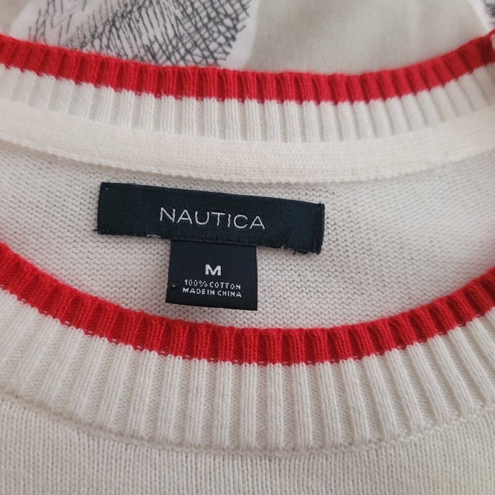 Nautica Crew Neck Cotton Sweater Cream w/Blue Stripes and Red Cuffs Medium EUC - Picture 2 of 6